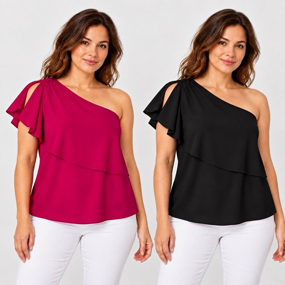 Tyche Women's Solid One-Shoulder Ruffle Sleeve Pullover Blouses Lot of 2 M